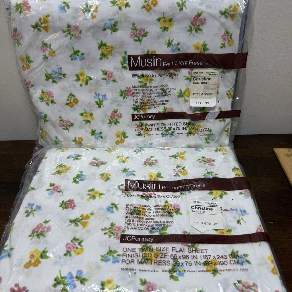 Vtg Sheet Twin Set Flat Fitted Christine Floral Muslin Perm Press Cottagecore